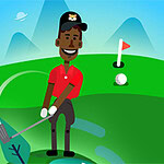 Un dibujo de una persona jugando golf en un campo, con montañas al fondo y una bandera con pelota cerca del hoyo