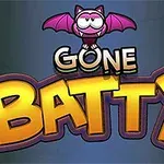 Ilustración de un murciélago caricaturesco rosa sobre el texto Gone Batty en un estilo de fuente grande y colorido