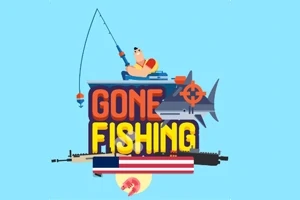 Un hombre pescando sobre un tiburón con la frase Gone Fishing en letras grandes, junto a una bandera de Estados Unidos y un rifle en el fondo