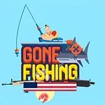 Un hombre pescando sobre un tiburón con la frase Gone Fishing en letras grandes, junto a una bandera de Estados Unidos y un rifle en el fondo