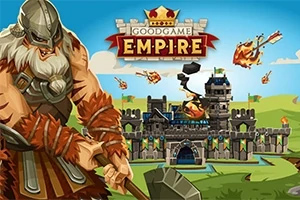 Goodgame Empire Guerrero vikingo con casco y barba junto a un castillo medieval bajo ataque de bolas de fuego en un paisaje verde