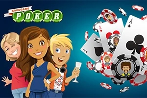 Personajes animados sonrientes con cartas y fichas de póker flotando en un fondo azul