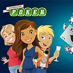 Personajes animados sonrientes con cartas y fichas de póker flotando en un fondo azul