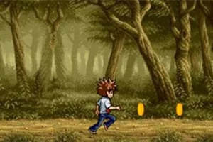 Personaje corriendo en un bosque pixelado con monedas doradas flotantes en el camino