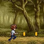 Personaje corriendo en un bosque pixelado con monedas doradas flotantes en el camino