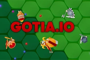 Fondo de hexágonos verdes con varios personajes y objetos dispersos, destacando el texto GOTIA