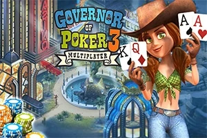 Mujer con sombrero vaquero sosteniendo cartas de póker frente a un fondo urbano con casino y fichas de colores