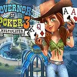 Mujer con sombrero vaquero sosteniendo cartas de póker frente a un fondo urbano con casino y fichas de colores