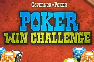 Texto grande que dice Poker Win Challenge en un fondo rojo con fichas de colores en la parte inferior