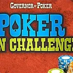 Texto grande que dice Poker Win Challenge en un fondo rojo con fichas de colores en la parte inferior