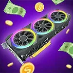 Tarjeta gráfica con iluminación RGB rodeada de billetes y monedas sobre un fondo morado