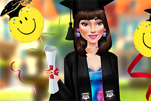 Mujer con birrete y toga de graduación sosteniendo un diploma, rodeada de globos amarillos felices