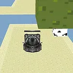 Coche deportivo negro en un camino rodeado de árboles pixelados y un entorno de agua