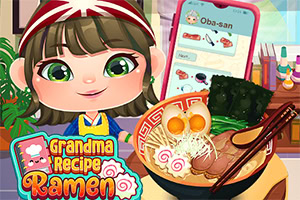 Una niña animada con un tazón de ramen detallado frente a ella y un smartphone mostrando recetas en el fondo