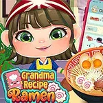 Una niña animada con un tazón de ramen detallado frente a ella y un smartphone mostrando recetas en el fondo