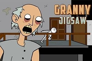 Anciana de aspecto caricaturesco con ojos grandes y rojos, acompañada de un personaje simplificado en el fondo, en un entorno de casa sombreada
