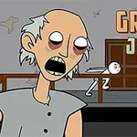 Anciana de aspecto caricaturesco con ojos grandes y rojos, acompañada de un personaje simplificado en el fondo, en un entorno de casa sombreada