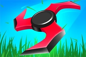 Shuriken rojo flotando sobre hierba verde con un fondo azul brillante