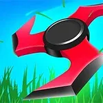 Shuriken rojo flotando sobre hierba verde con un fondo azul brillante
