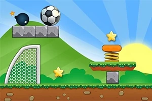 Una escena animada con un paisaje de colinas verdes, un cielo azul y un sol amarillo, donde se ven elementos como un balón de fútbol, una portería, estrellas doradas y plataformas con resortes