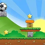 Una escena animada con un paisaje de colinas verdes, un cielo azul y un sol amarillo, donde se ven elementos como un balón de fútbol, una portería, estrellas doradas y plataformas con resortes