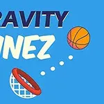 Texto estilizado azul y blanco con una pelota de baloncesto acercándose a un aro sobre fondo azul