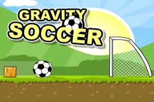 Título Gravity Soccer en un paisaje soleado con montañas, un balón de fútbol, ​​una caja de madera y una portería