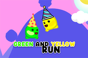 Dos personajes animados con gorros de fiesta sobre un fondo colorido con nubes y montañas, junto al texto Green and Yellow Run