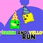 Dos personajes animados con gorros de fiesta sobre un fondo colorido con nubes y montañas, junto al texto Green and Yellow Run