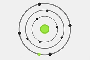 Diagrama de órbitas con cinco círculos concéntricos y esferas negras, destacando una esfera verde en el centro y otra en la órbita más externa
