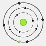Diagrama de órbitas con cinco círculos concéntricos y esferas negras, destacando una esfera verde en el centro y otra en la órbita más externa