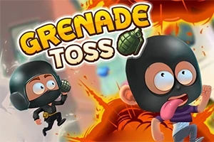 Dos personajes con cascos negros y ojos grandes interactúan en un entorno colorido y dinámico, rodeados de explosiones y granadas, con un texto en la parte superior que dice Grenade Toss