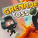 Dos personajes con cascos negros y ojos grandes interactúan en un entorno colorido y dinámico, rodeados de explosiones y granadas, con un texto en la parte superior que dice Grenade Toss