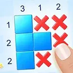 Mosaico de cuadrados azules y cruces rojas con un dedo interactuando, acompañado de texto azul y amarillo a la izquierda