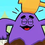 Un personaje morado con expresión sonriente siendo golpeado en la cabeza por un martillo de juguete
