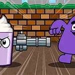 Un batido con ojos enojados y una criatura morada sonriente están frente a una pared de ladrillos con un cañón tubular entre ellos