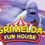 Personaje púrpura corriendo con batidos en el fondo y un cartel que dice Grimelda Fun House