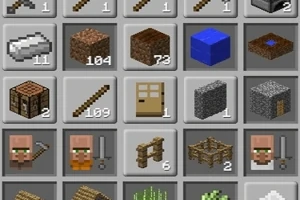 Interfaz de inventario con múltiples íconos de herramientas, bloques, objetos y personajes sobre fondo gris