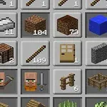 Interfaz de inventario con múltiples íconos de herramientas, bloques, objetos y personajes sobre fondo gris