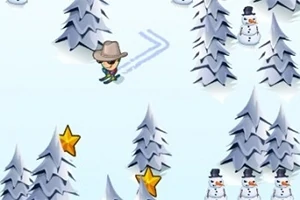 Persona esquiando con sombrero entre árboles nevados y muñecos de nieve, recolectando estrellas doradas