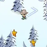 Persona esquiando con sombrero entre árboles nevados y muñecos de nieve, recolectando estrellas doradas