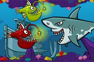Tiburón caricaturesco junto a dos peces abisales luminosos frente a un naufragio submarino rodeado de corales