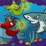 Tiburón caricaturesco junto a dos peces abisales luminosos frente a un naufragio submarino rodeado de corales