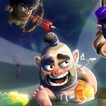 Tres personajes caricaturescos en acción, uno con barba y casco está saltando, otro con una lanza vuela por el aire, y un tercero corre sosteniendo una gema naranja