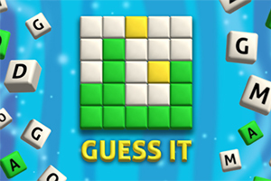 Cuadrícula con cuadros verdes, blancos y amarillos en el centro, rodeada de letras en cubos, sobre un fondo azul, con el texto GUESS IT debajo