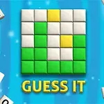 Cuadrícula con cuadros verdes, blancos y amarillos en el centro, rodeada de letras en cubos, sobre un fondo azul, con el texto GUESS IT debajo