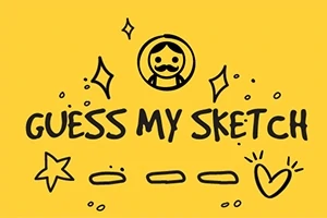 Dibujo en fondo amarillo con texto GUESS MY SKETCH acompañado de un rostro caricaturesco, estrellas, líneas y un corazón