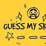 Dibujo en fondo amarillo con texto GUESS MY SKETCH acompañado de un rostro caricaturesco, estrellas, líneas y un corazón
