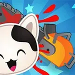 Caricatura de un gato sonriente frente a una motosierra con fondo azul y estrellas