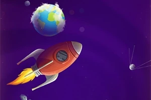 Cohete rojo en el espacio cerca de un planeta azul con continentes verdes y un satélite pequeño